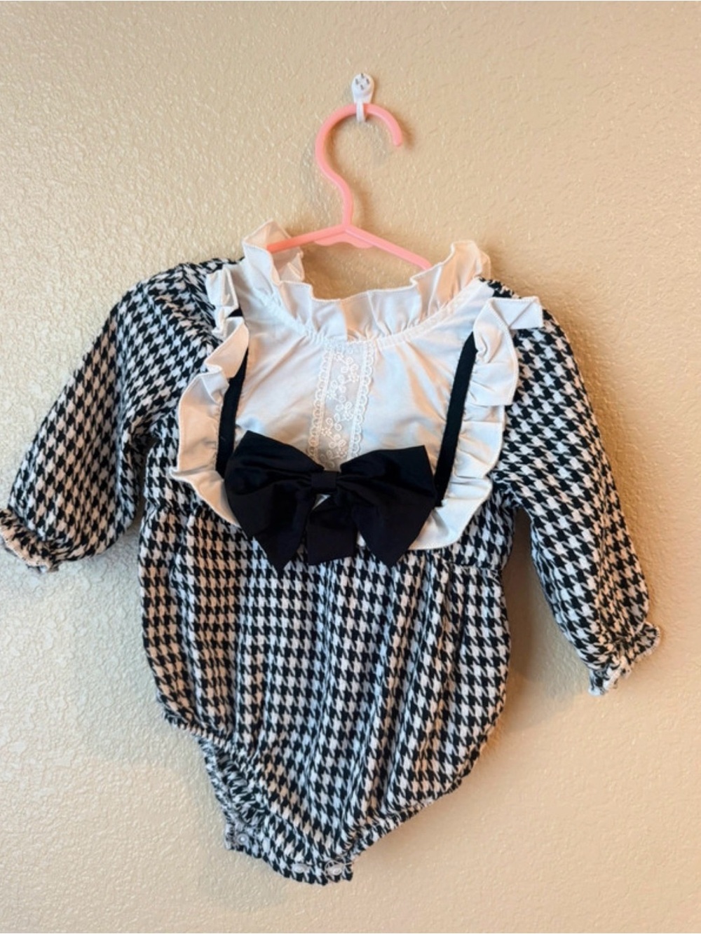 Black & White Houndstooth Baby Romper with Bow
